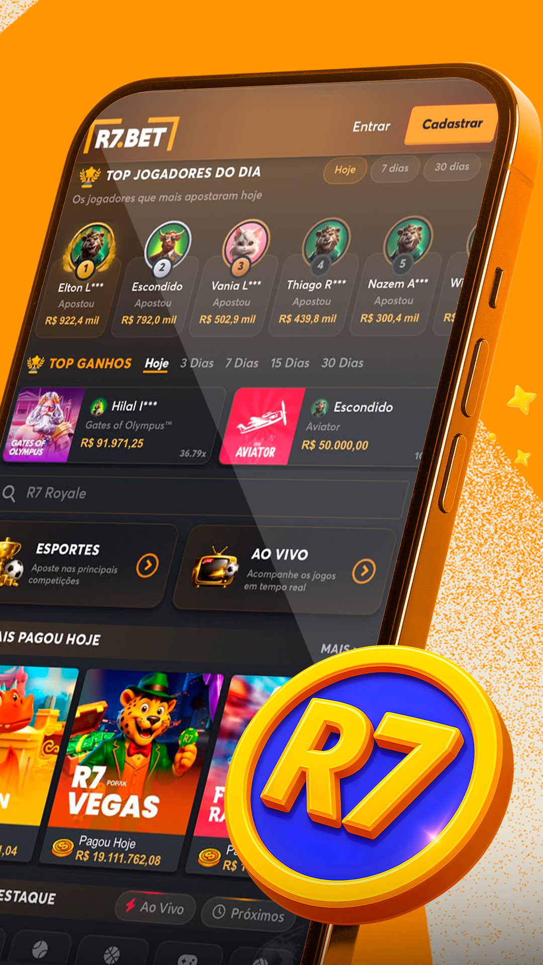 Material histórico da OIG mostrando o aplicativo R7 Bet, com interface escura e detalhes laranja